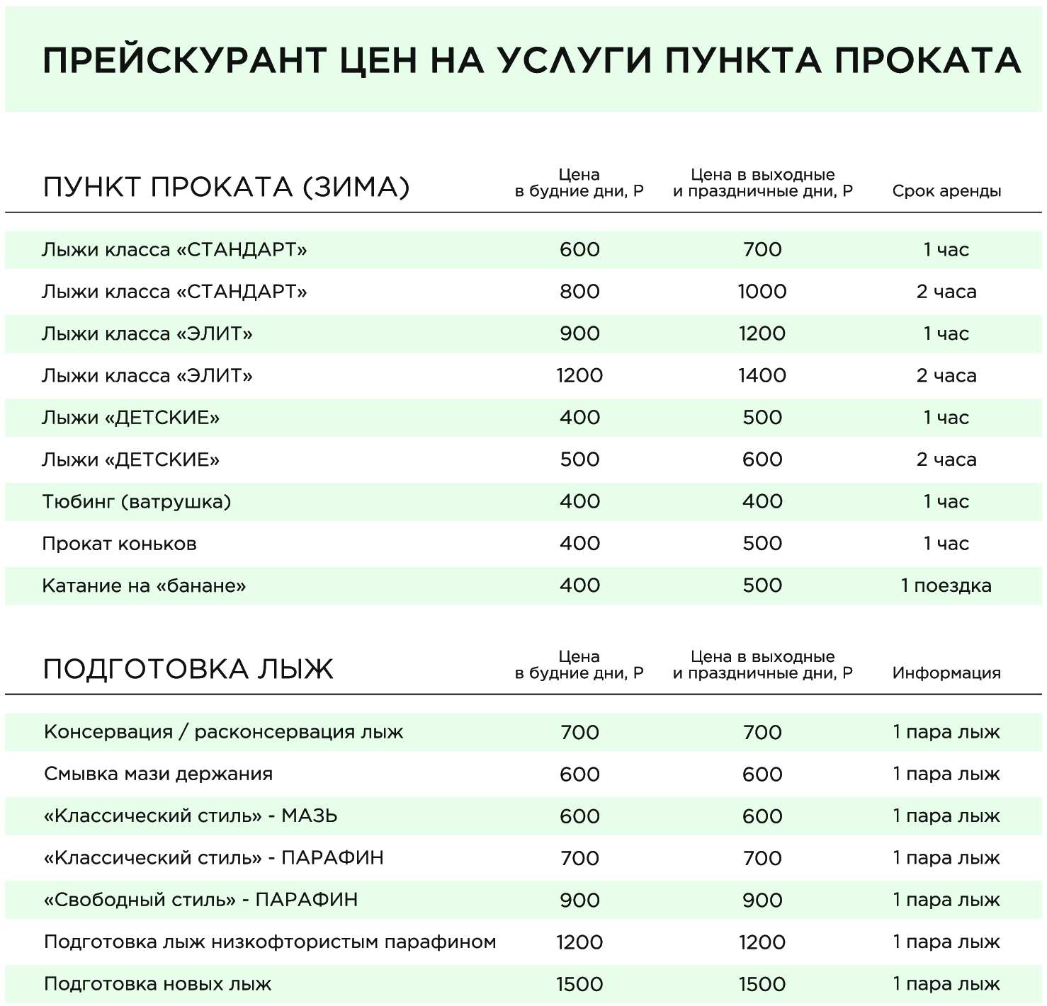 Пункт проката спортивного снаряжения в парк-отеле Доброград прайс-лист 1